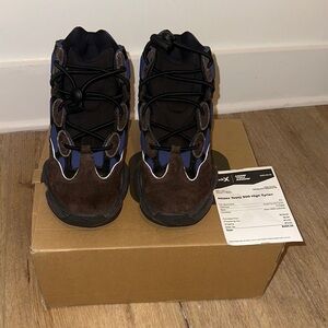 Yeezy Brown and Blue High-Top Sneakers